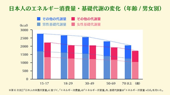 日本人の1日当たりのエネルギー消費量・基礎代謝量の変化のグラフ。15歳~17歳時点で男性約2,700kcal・女性約2,200kcalの基礎代謝量は、70際以上になると男性約2,100kcal・女性約1,800kcalまで減少する。