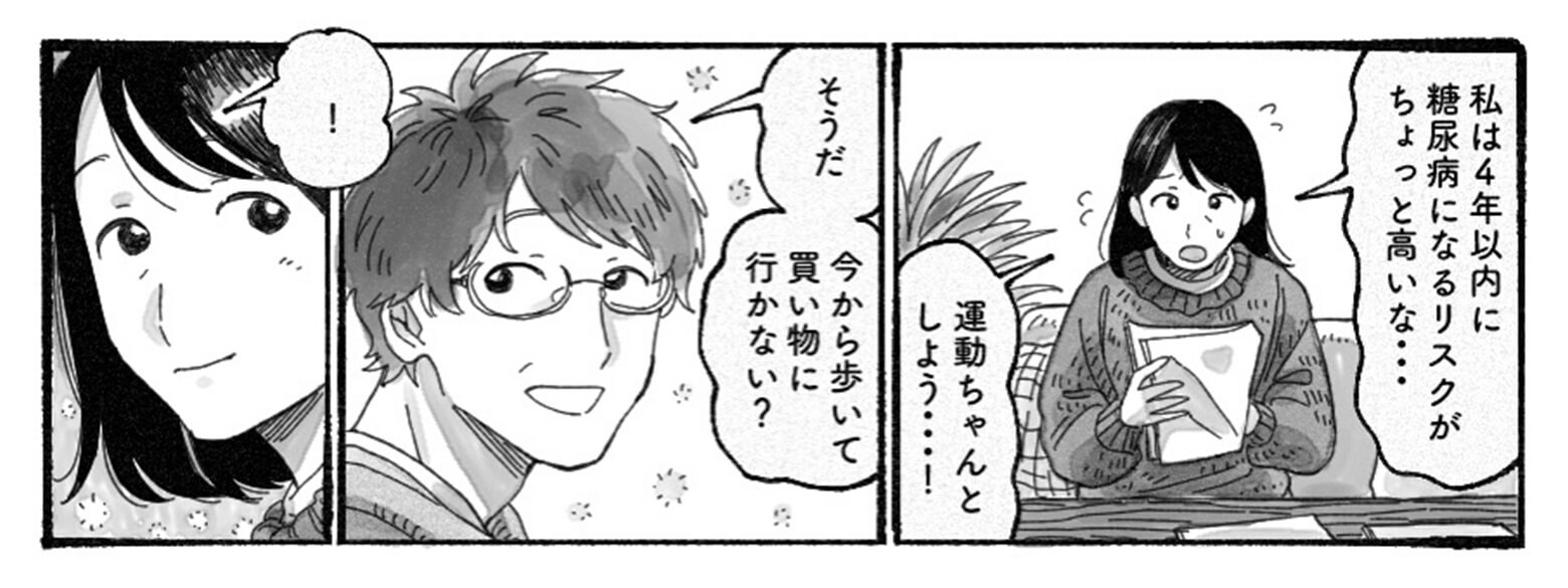 奥さんも自分の検査結果を見ています「私は4年以内の糖尿病になるリスクがちょっと高いな・・・運動ちゃんとしよう・・・!」旦那さんが声をかけます「そうだ、今から歩いて買い物に行かない?」