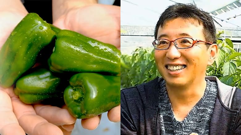 ピーマンと収穫した農家さん