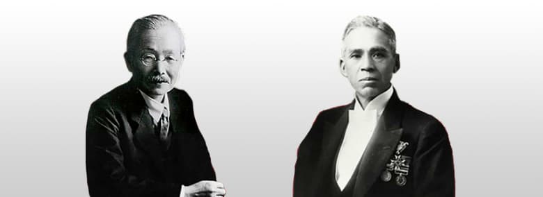 「うま味」発見者の池田菊苗と味の素グループ創業者の鈴木三郎助の写真