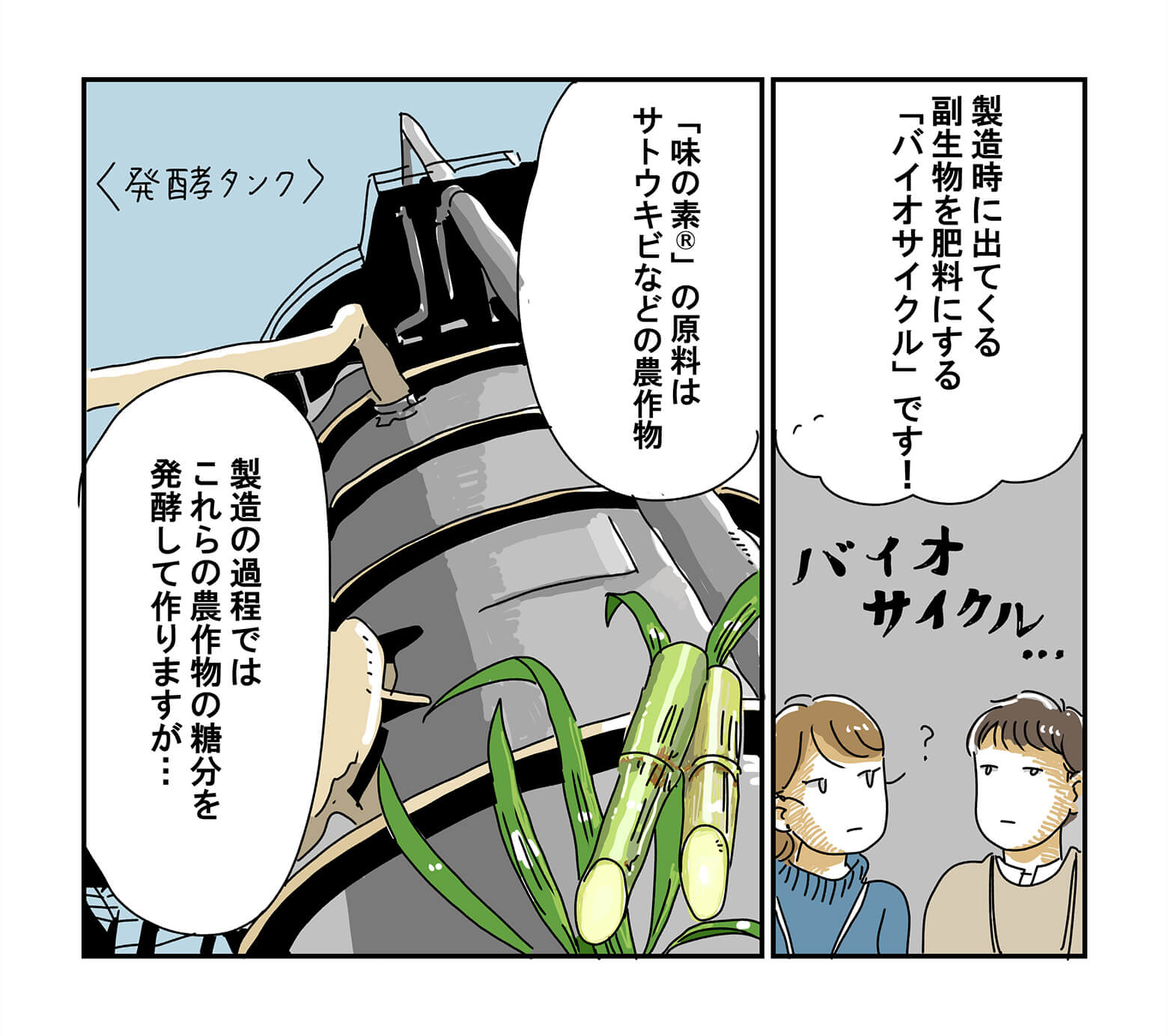 アミノさんの「製造時に出てくる副生物を肥料にする「バイオサイクル」です!」と言うのを聞いて「バイオサイクル・・?」と顔を見合わせる味野さんと素子さん。さらにアミノさんは「味の素®」の原料はサトウキビなどの農産物。製造の過程ではこれらの農作物の糖分を発酵して作りますが・・」と話します